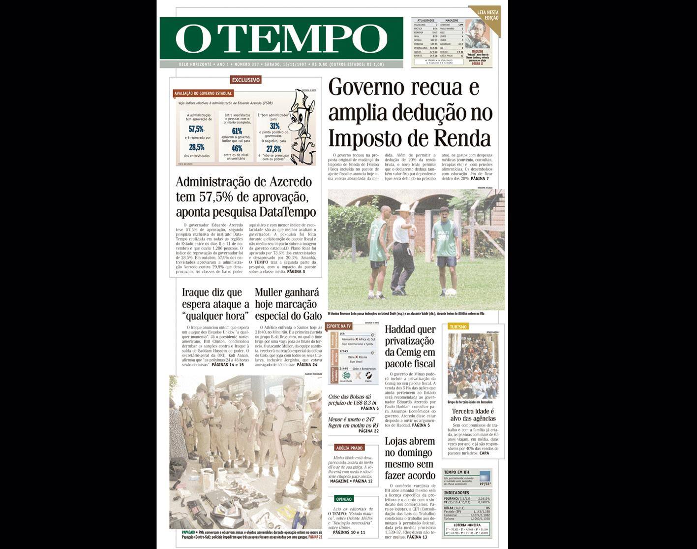 Capa do jornal O TEMPO no dia 15.11.1997; resgate do acervo marca as comemorações dos 25 anos da publicação