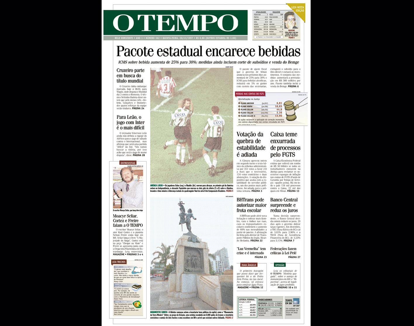 Capa do jornal O TEMPO no dia 20.11.1997; resgate do acervo marca as comemorações dos 25 anos da publicação