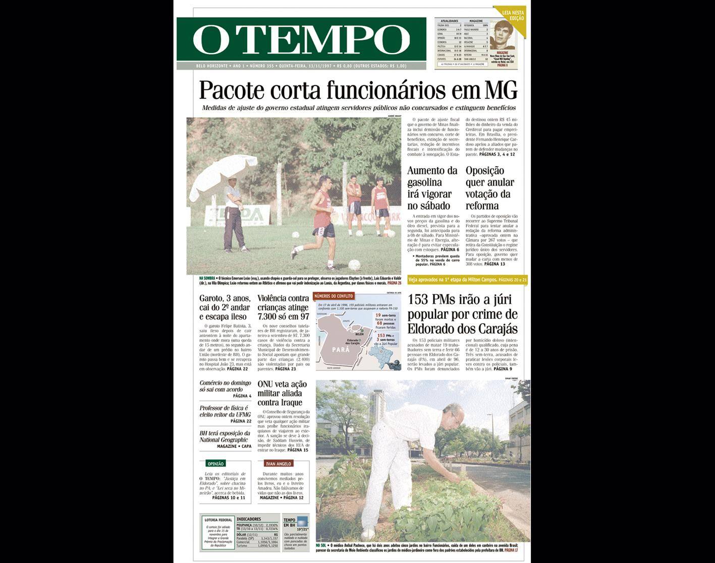 Capa do jornal O TEMPO no dia 13.11.1997; resgate do acervo marca as comemorações dos 25 anos da publicação