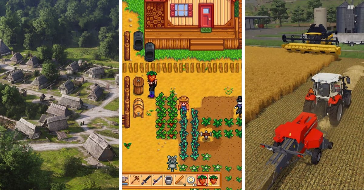 Cenas do gameplay de Manor Lords; Stardew Valley e Farming Simulator 22