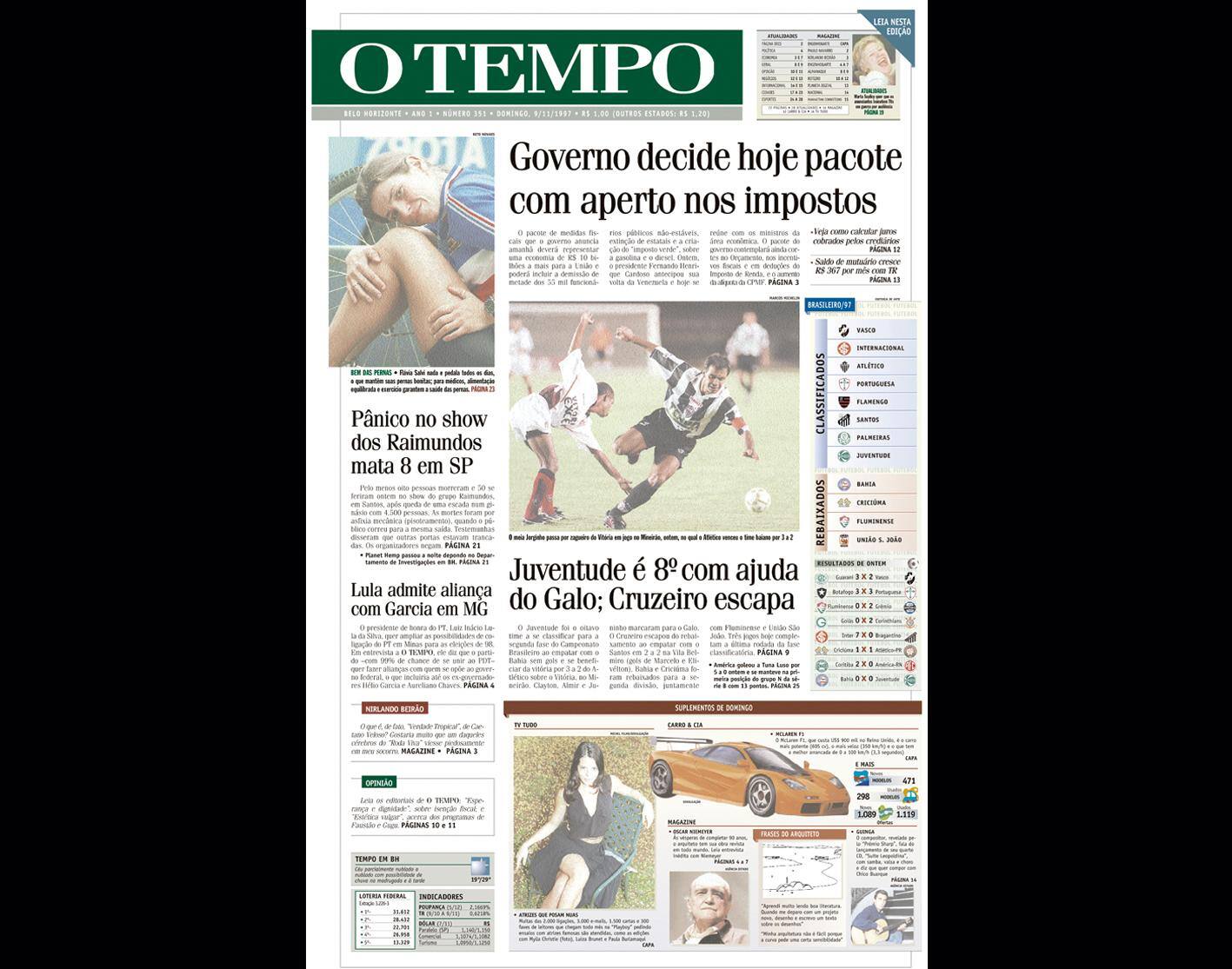 Capa do jornal O TEMPO no dia 9.11.1997; resgate do acervo marca as comemorações dos 25 anos da publicação