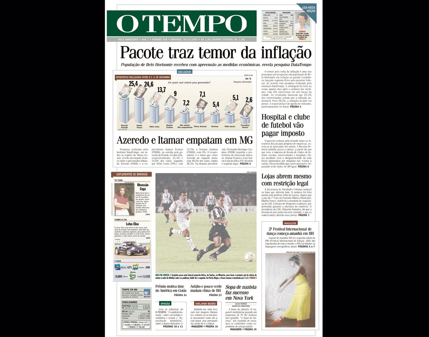 Capa do jornal O TEMPO no dia 16.11.1997; resgate do acervo marca as comemorações dos 25 anos da publicação