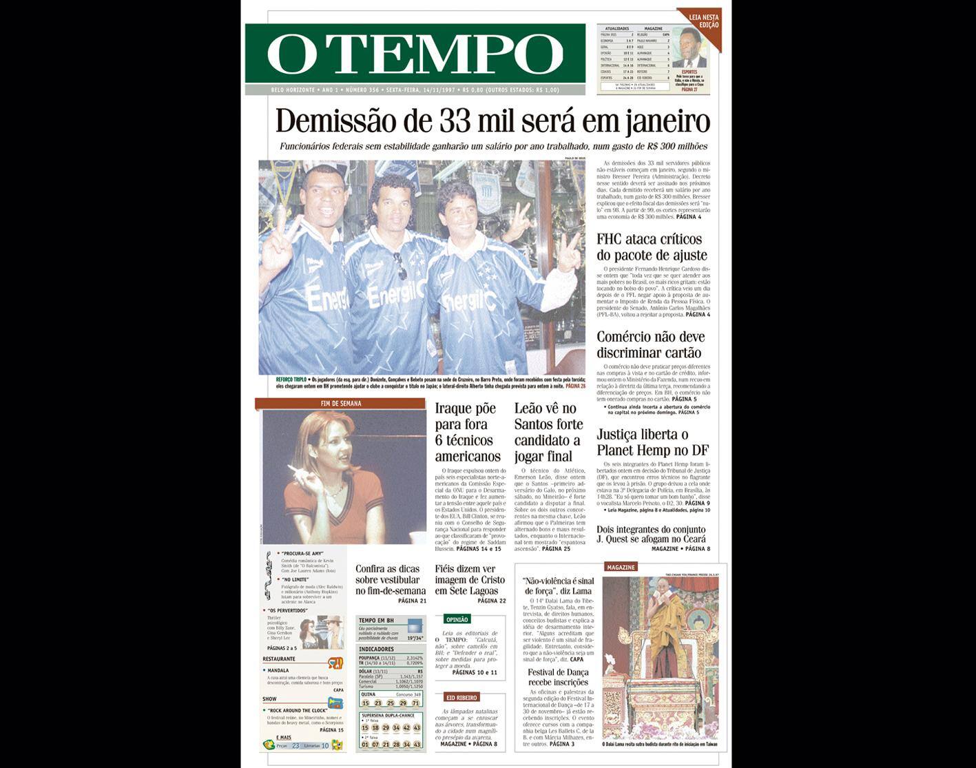 Capa do jornal O TEMPO no dia 14.11.1997; resgate do acervo marca as comemorações dos 25 anos da publicação
