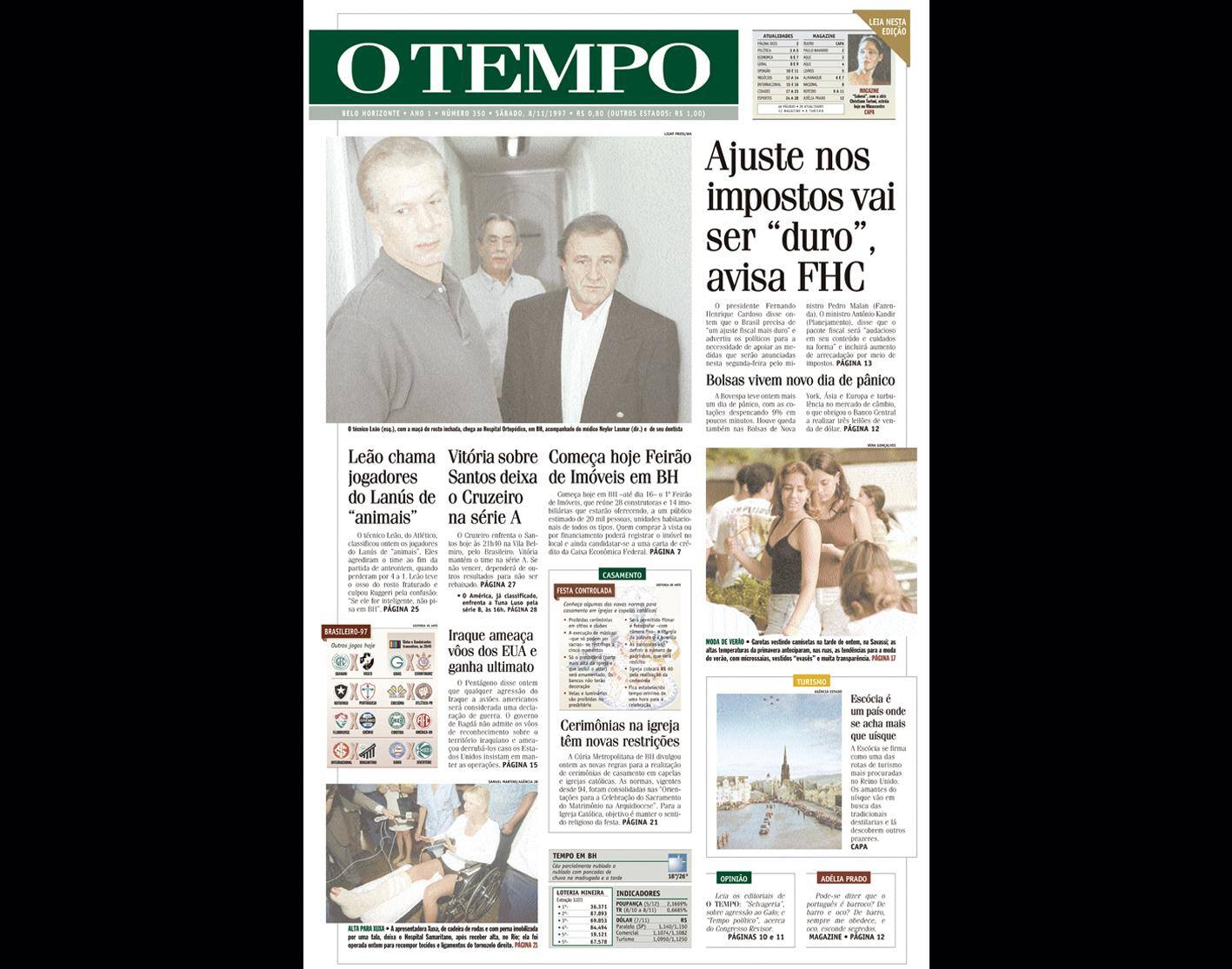 Capa do jornal O TEMPO no dia 8.11.1997; resgate do acervo marca as comemorações dos 25 anos da publicação