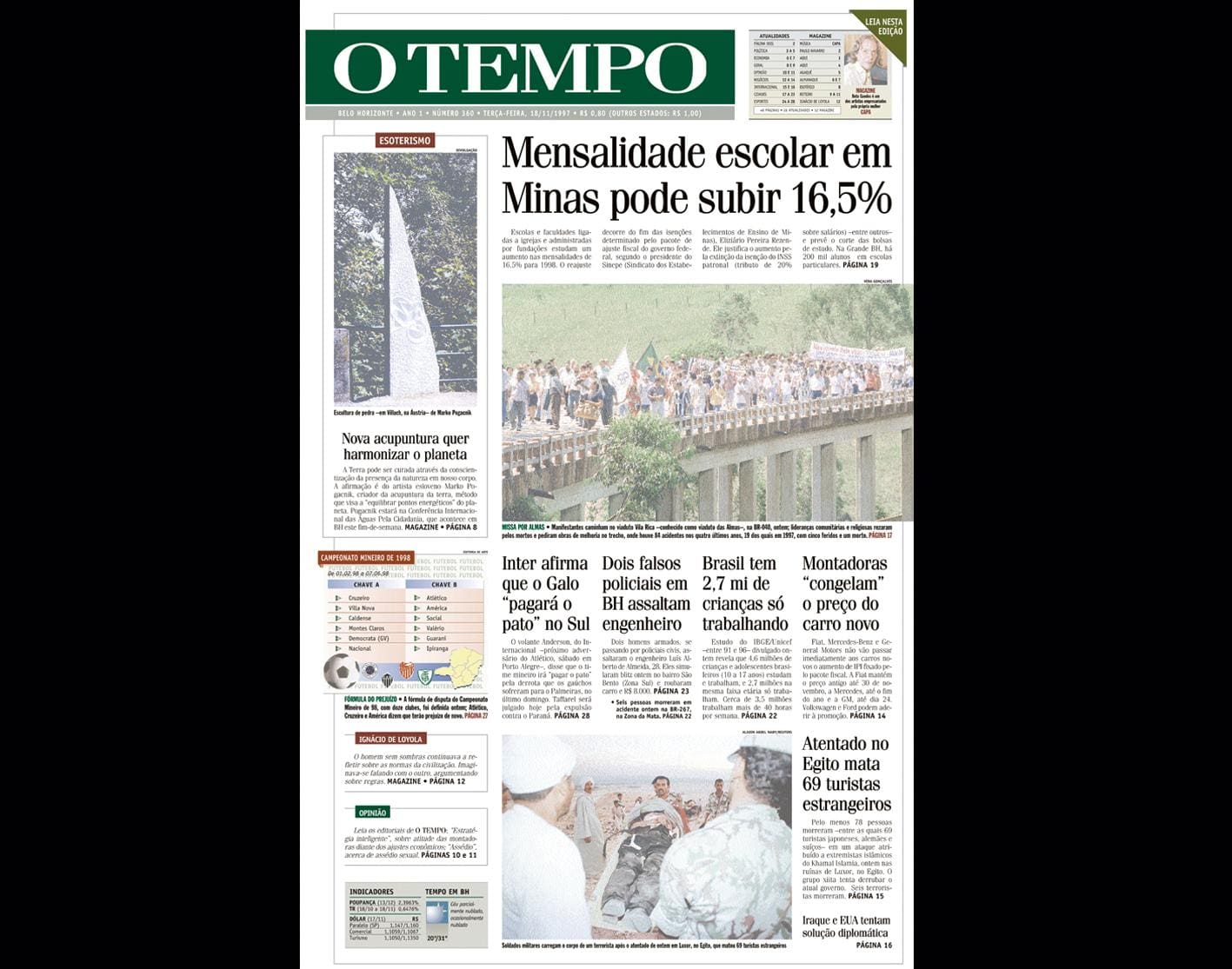 Capa do jornal O TEMPO no dia 18.11.1997; resgate do acervo marca as comemorações dos 25 anos da publicação