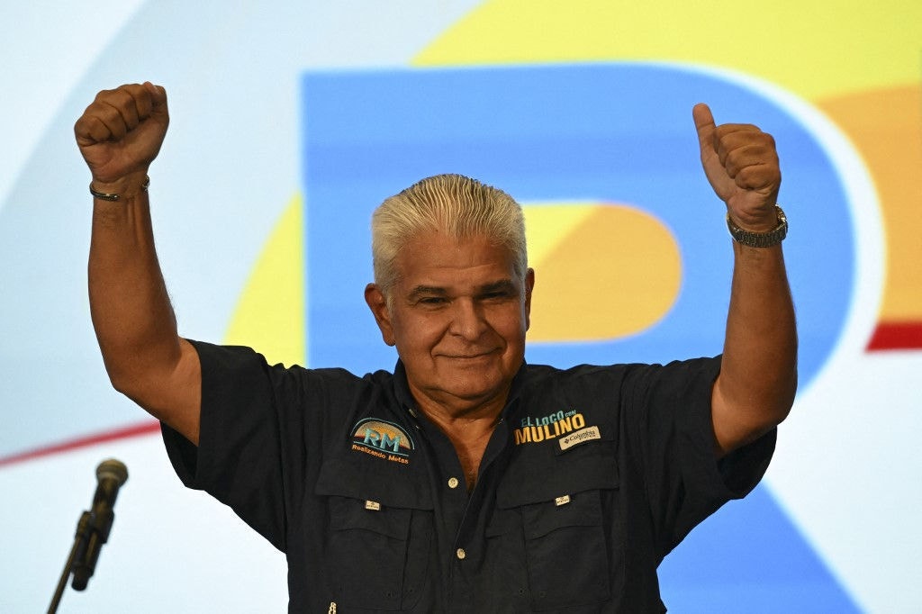 Panama's president-elect Jose Raul Mulino celebrates with supporters after winning Panama's presidential election in Panama City on May 5, 2024. Jose Raul Mulino, the protege of a graft-convicted former head of state, was declared Panama's president-elect after elections Sunday. Mulino, 64, won the single-round, first-past-the-post race with more than a third of votes cast, the Central American country's electoral tribunal said. (Photo by MARTIN BERNETTI / AFP)