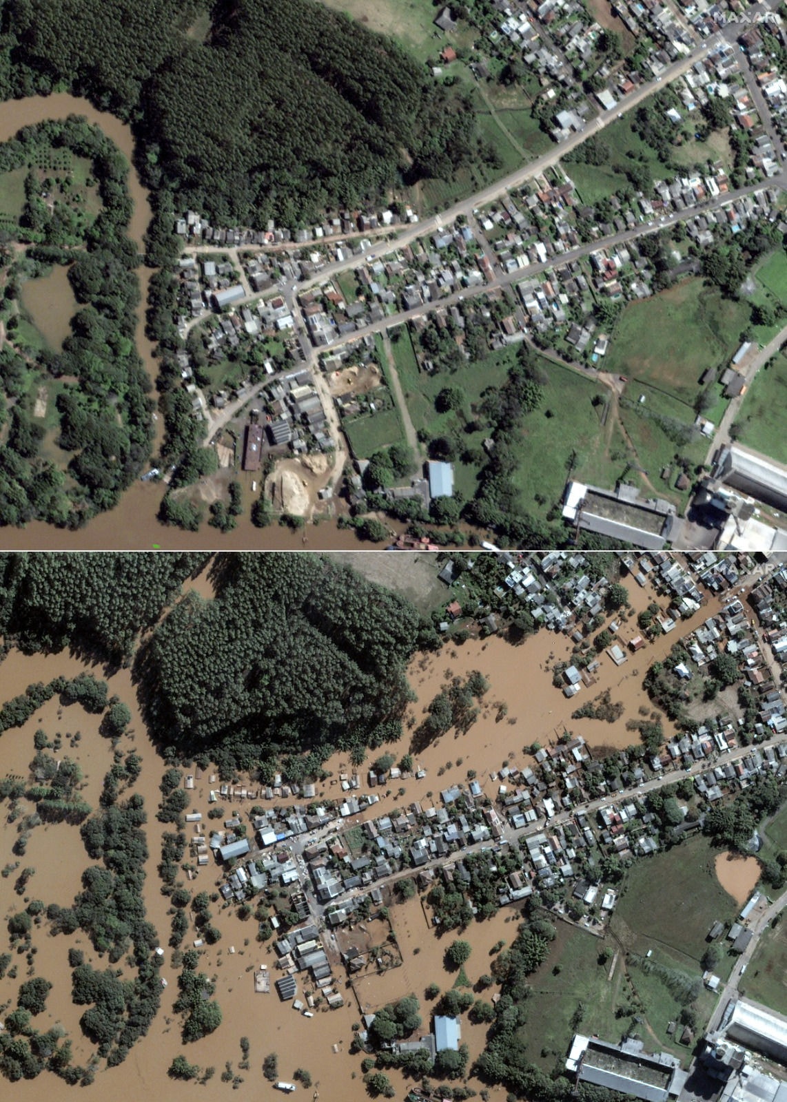 Visão geral do rio Taquari antes das enchentes (topo), em 15 de setembro de 2023 e após as enchentes, em 7 de maio de 2024, em Taquari, Rio Grande do Sul, Brasil